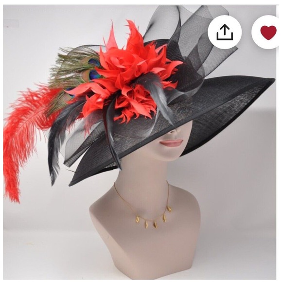 Black red feathers Flowers Kentucky Derby Tea Party Wide Brim Hat Handmade - Picture 6 of 10